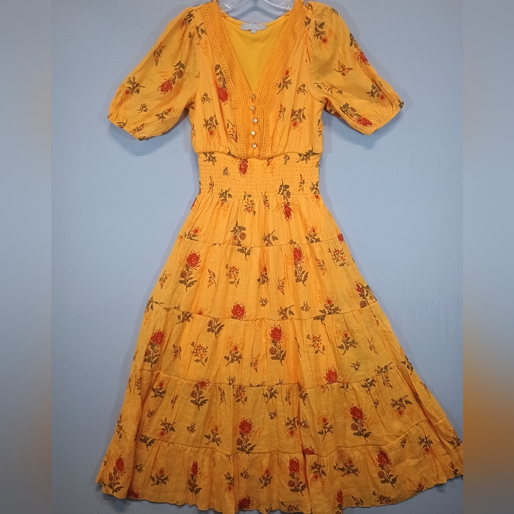 J. Gee Women’s Small Yellow Floral Boho Midi Dress Smocked Waist Button Front